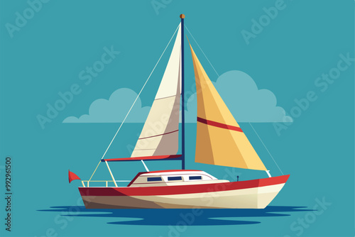 A colorful sailboat with vibrant sails glides across calm waters under a clear sky and soft clouds, Customizable sailboat illustration with semi-flat design.