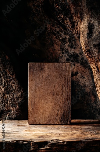 Rustic wooden cutting board against a dark, textured background. Perfect for vintage, cooking, and food-related concepts. photo