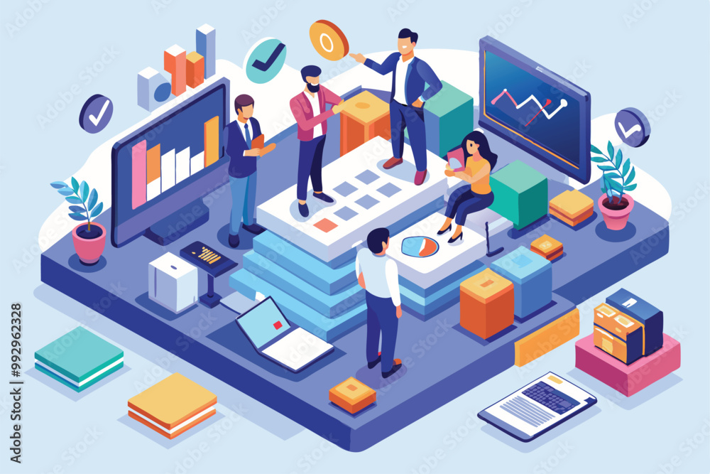 A group of professionals engages in a sales consulting session, utilizing digital tools and charts for analysis, Customizable sales consulting illustration A group of professionals engages in a sales consulting session, utilizing digital tools and charts for analysis, Customizable sales consulting illustration