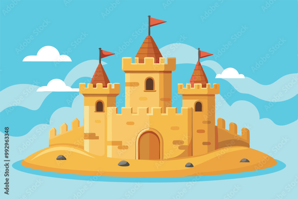 A vibrant sand castle sits on an island, showcasing towers and flags under a clear sky and soft clouds, Customizable sand castle illustration that is disproportionate.