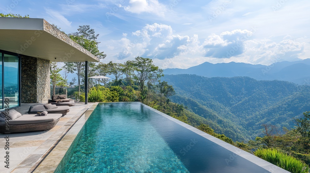 Fototapeta premium Luxe mountaintop villa with an infinity pool and panoramic views of majestic mountain ranges
