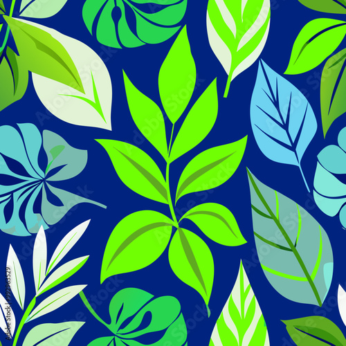 Vibrant foliage pattern on dark blue background with colourful leaves in a modern vector floral design, perfect for wallpaper and nature-inspired art photo