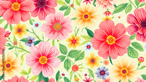 Seamless pattern with colorful flowers and leaves. Vector illustration.