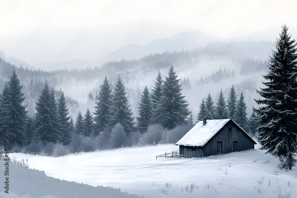 A snowy mountain landscape with a cozy house nestled amongst pine trees A snowy mountain landscape with a cozy house nestled amongst pine trees