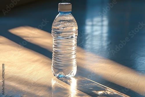 A Plastic Water Bottle Standing Upright on a Table, Illuminated by Sunlight photo