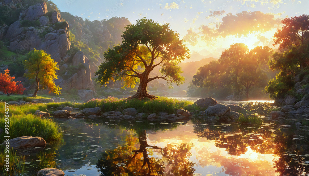 sunset autumn tree on the lake in the forest in the mountain sunset autumn tree on the lake in the forest in the mountain