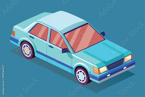 A detailed isometric illustration features a customizable sedan car in bright colors and geometric style, Customizable sedan car illustration in isometric style.