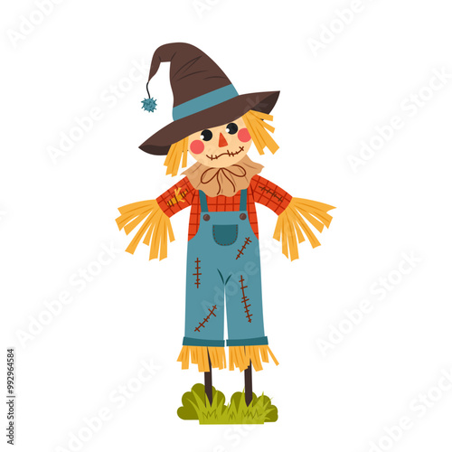 Cute scarecrow. Farm, a rural decorative element. Rustic or farm scarecrow character. Illustration on a white background.
