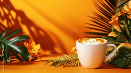 A cup of latte art coffee with tropical leaves on a yellow background.