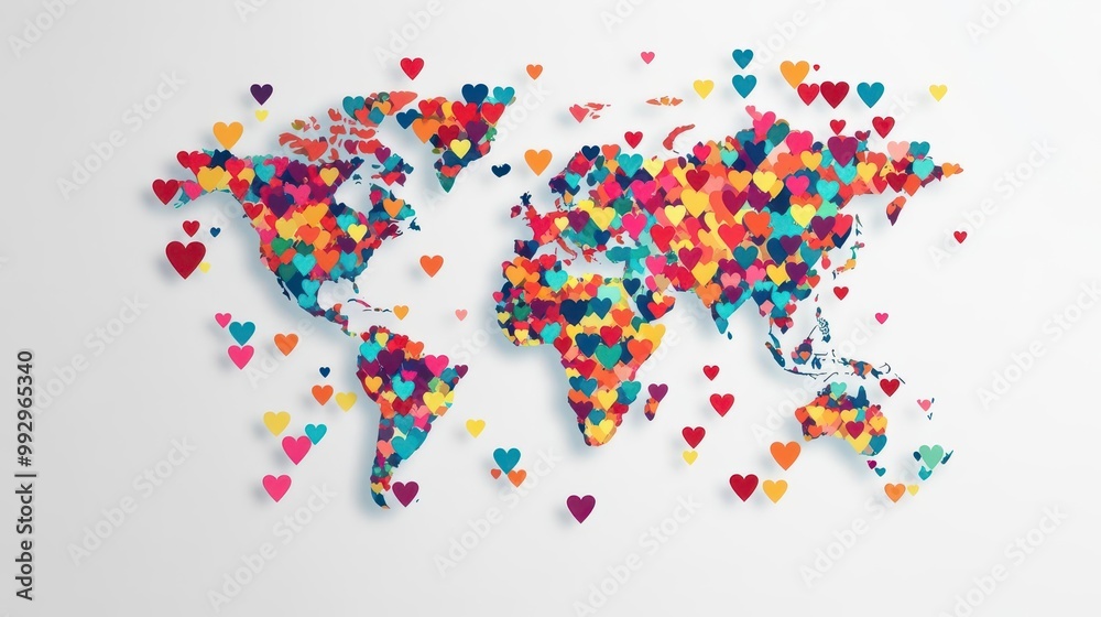 Obraz premium Heartshaped world map, global love, flat design illustration