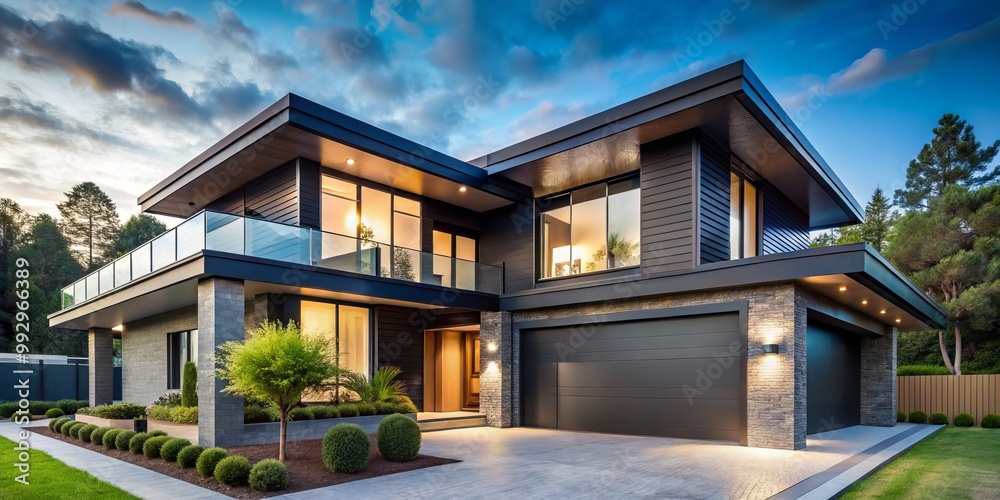 Fototapeta premium The modern house features sophisticated architecture, accentuated by elegant black eavestroughs that add a stylish