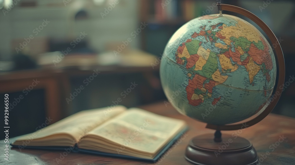A globe and an open book on a desk, suggesting exploration and learning about geography. A globe and an open book on a desk, suggesting exploration and learning about geography.