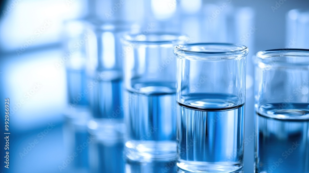 A series of glass containers filled with clear liquid, arranged in a line. A series of glass containers filled with clear liquid, arranged in a line.