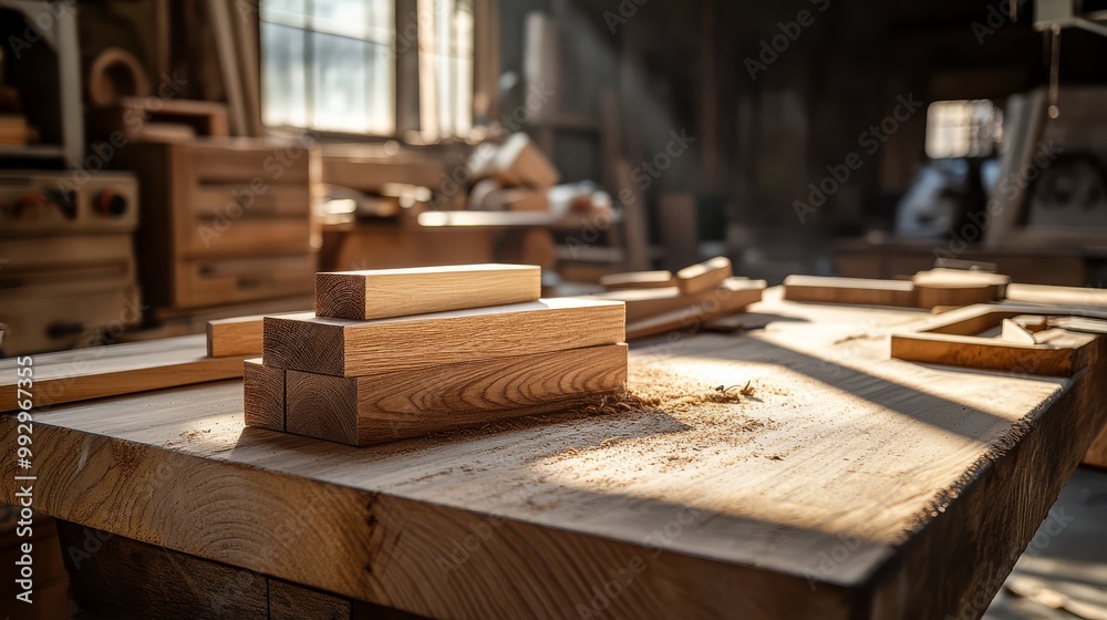 Sunlit woodwork pieces on a wooden table in a cozy workshop filled with woodworking tools and materials. Sunlit woodwork pieces on a wooden table in a cozy workshop filled with woodworking tools and materials.
