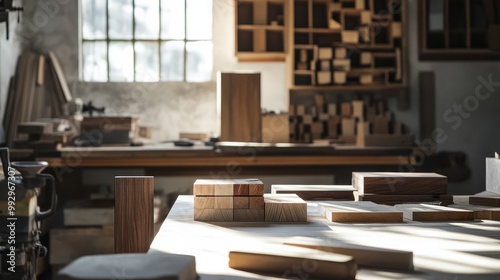 Sunlit woodworking studio with neatly arranged tools and wood blocks, showcasing craftsmanship and creativity in a serene setting. photo