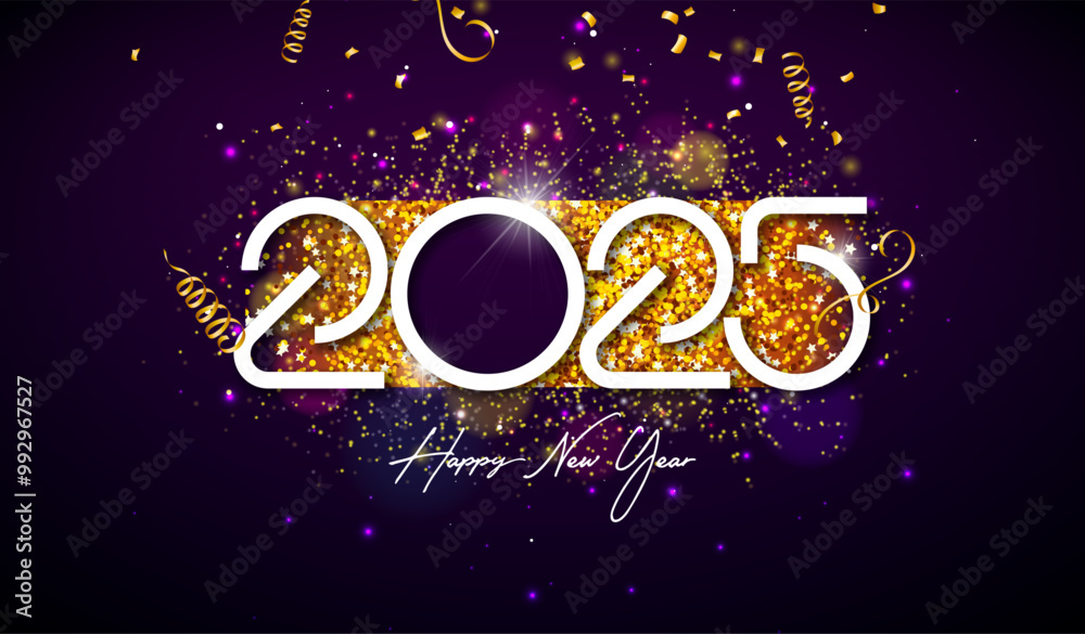 Happy New Year 2025 Illustration with Gold Glittered Number and Falling Confetti on Dark Background. Christmas Holiday Design with Typography Lettering for Flyer, Greeting Card, Banner, Celebration Happy New Year 2025 Illustration with Gold Glittered Number and Falling Confetti on Dark Background. Christmas Holiday Design with Typography Lettering for Flyer, Greeting Card, Banner, Celebration