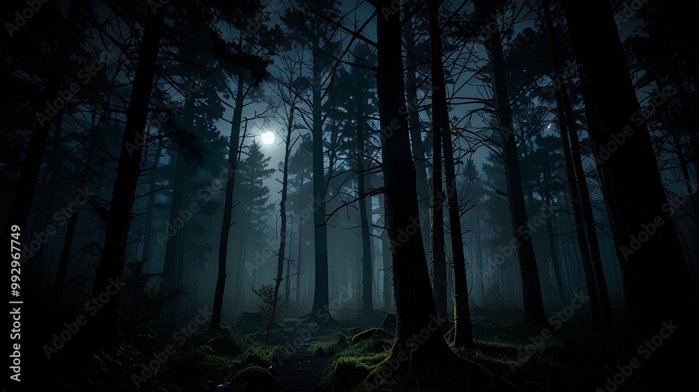Fototapeta premium A dark and mysterious forest with a full moon in the background.