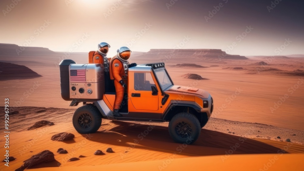 Two astronauts in orange space suits standing on a Martian desert next to an orange exploration vehicle under a clear sky
Concept: space exploration, planetary rover, Martian landscape, futuristic adv Two astronauts in orange space suits standing on a Martian desert next to an orange exploration vehicle under a clear sky
Concept: space exploration, planetary rover, Martian landscape, futuristic adv