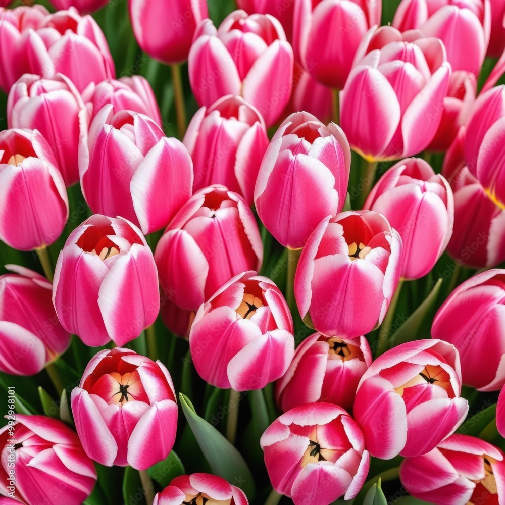Fototapeta premium A vibrant bouquet of pink tulips with white edges, creating a striking color contrast Concept: tulip bouquet, spring flowers, floral beauty, nature contrast, seasonal bloom