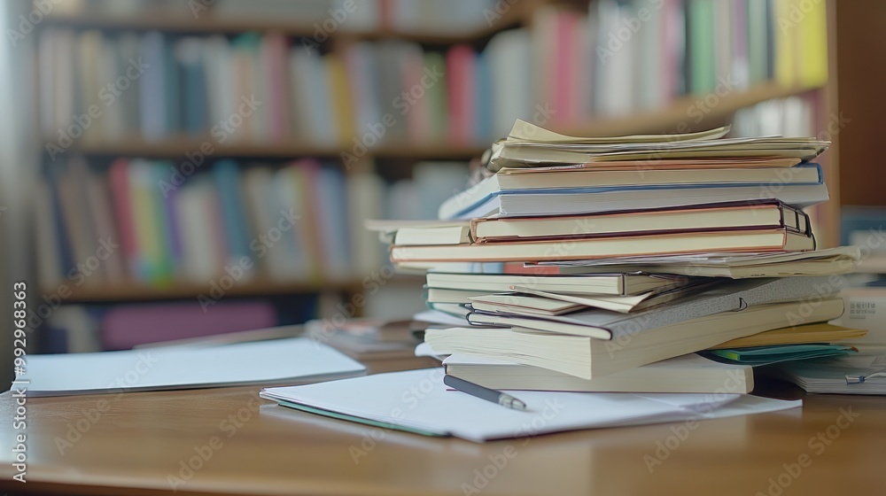 A cluttered desk with a stack of books and scattered papers in a library setting. A cluttered desk with a stack of books and scattered papers in a library setting.