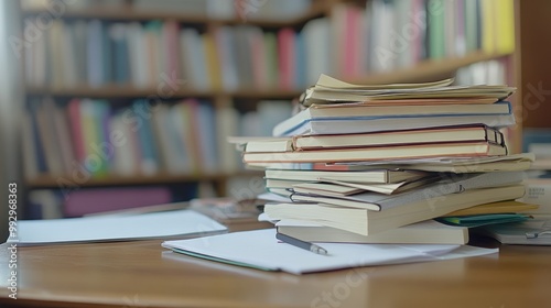 A cluttered desk with a stack of books and scattered papers in a library setting.