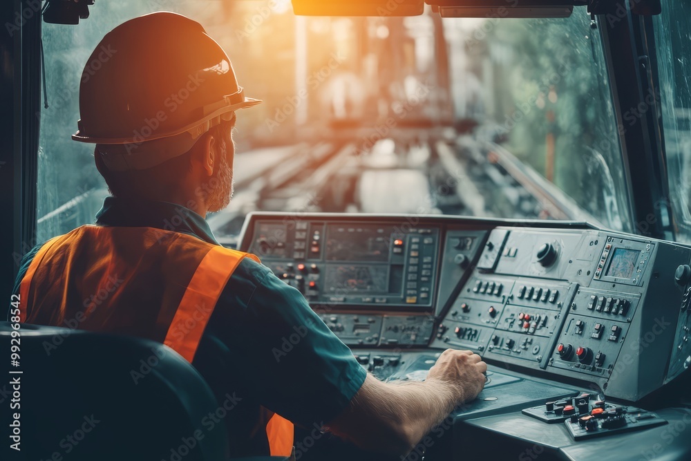 Train engineer operating locomotive from driver's cab with advanced ...