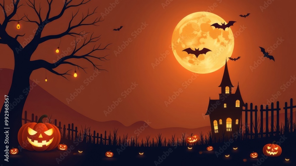 Halloween scene with pumpkins, haunted house, and full moon banner Halloween scene with pumpkins, haunted house, and full moon banner