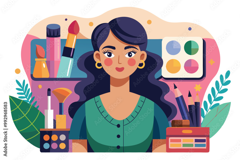 A talented makeup artist showcases her skills with vibrant cosmetics and tools in a lively workspace, Customizable semi-flat illustration by a makeup artist. A talented makeup artist showcases her skills with vibrant cosmetics and tools in a lively workspace, Customizable semi-flat illustration by a makeup artist.