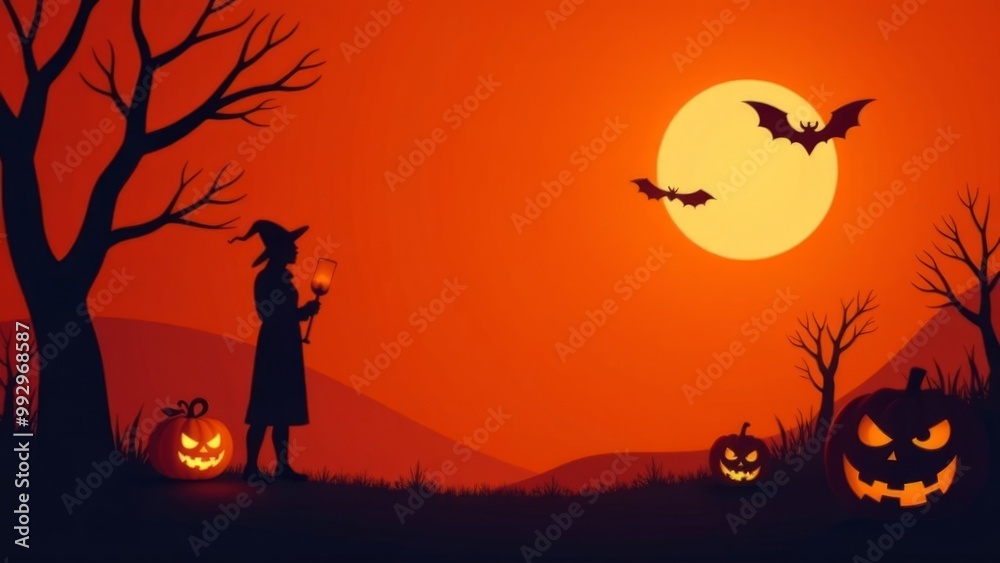 Halloween scene with pumpkins, haunted house, and full moon copy space Halloween scene with pumpkins, haunted house, and full moon copy space