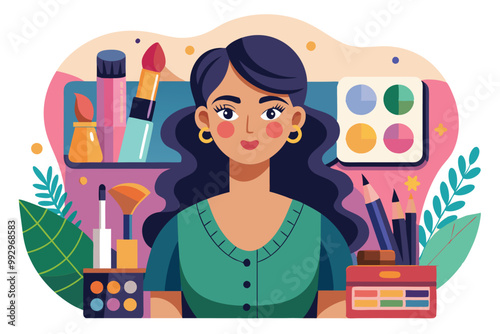 A talented makeup artist showcases her skills with vibrant cosmetics and tools in a lively workspace, Customizable semi-flat illustration by a makeup artist.
