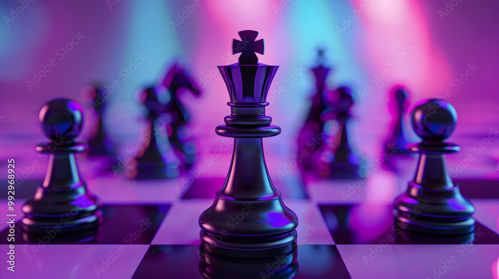The artwork showcases chess pieces on a neonlit board, representing strategy and intellect with bright colors and intricate details, encapsulating the essence of competition The artwork showcases chess pieces on a neonlit board, representing strategy and intellect with bright colors and intricate details, encapsulating the essence of competition