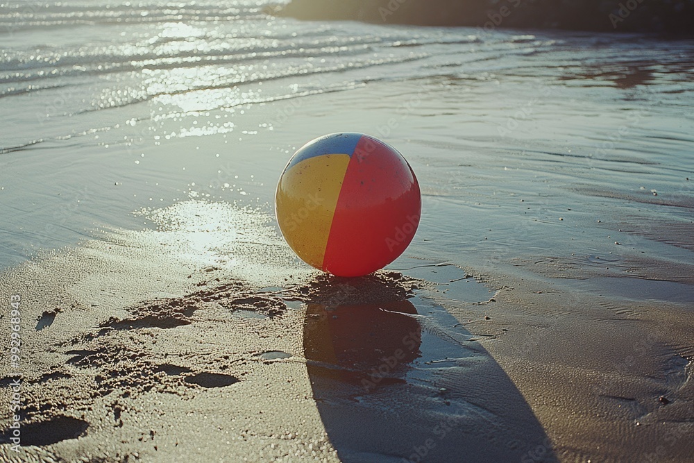 A Red, Yellow, and Blue Beach Ball on Wet Sand A Red, Yellow, and Blue Beach Ball on Wet Sand