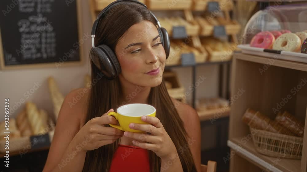 Young woman in a bakery holding a yellow mug while wearing headphones, surrounded by shelves with bread and pastries in an indoor setting Young woman in a bakery holding a yellow mug while wearing headphones, surrounded by shelves with bread and pastries in an indoor setting
