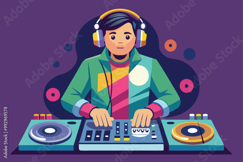 A DJ with headphones skillfully mixes tracks on a turntable during an energetic night event, Customizable semi-flat illustration by DJ man.