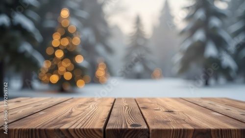 Fourth Image (Wooden Table with Blurred Christmas Tree Background)
A wooden table in sharp focus in the foreground, with a blurred Christmas tree decorated with lights in the background, ideal for hol photo