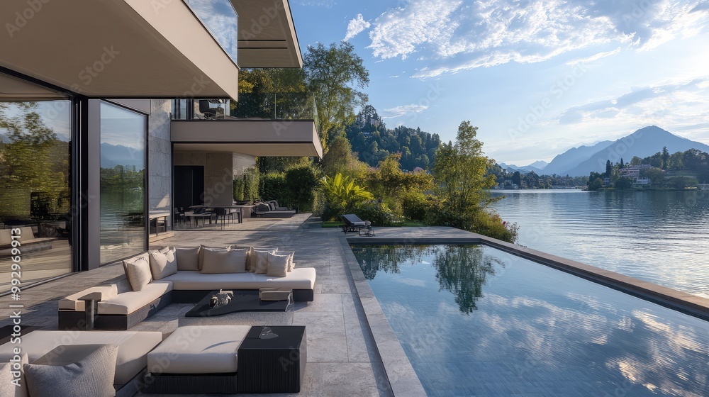 Fototapeta premium Luxurious lakeside villa with large outdoor spaces and stunning views of a serene, reflective lake