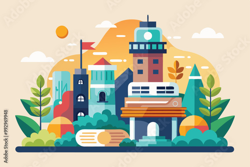 A lively illustration showcases a cityscape with varied architecture alongside colorful natural elements, Customizable Semi Flat Illustration Editorial Commission