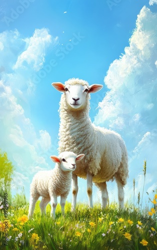 Two white sheep stand in a sunny meadow with green grass and yellow flowers under a bright blue sky with fluffy clouds. photo