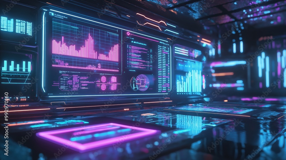 Futuristic neon-lit dashboard featuring digital graphs and data analysis in a high-tech control room. Ideal for tech, AI, and cybersecurity-related visuals. Futuristic neon-lit dashboard featuring digital graphs and data analysis in a high-tech control room. Ideal for tech, AI, and cybersecurity-related visuals.