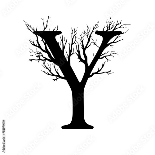 Letter Y with Tree Branch Silhouette Design, A bold letter Y intertwined with tree branches, forming a nature-inspired, artistic black-and-white silhouette against a white background.
