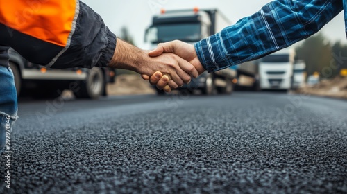 Two workers shaking hands on a newly paved road, symbolizing teamwork and successful collaboration in construction and roadwork projects. photo