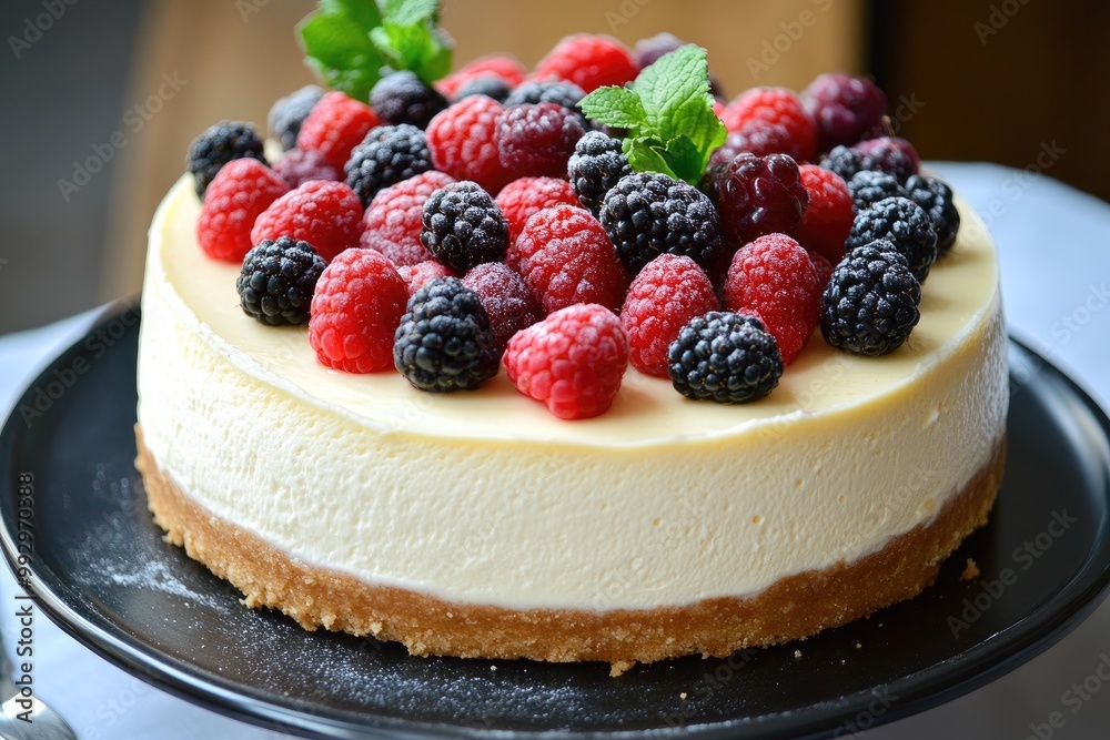 Cheesecake decorated with berries. A classic dessert, perfect for a birthday or celebration. Cheesecake decorated with berries. A classic dessert, perfect for a birthday or celebration.