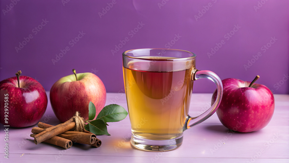 Hot apple tea with cinnamon sticks on purple background Hot apple tea with cinnamon sticks on purple background