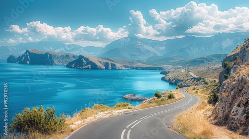 View of the sea, mountains, and clouds. Winding roads along them. Generative AI.