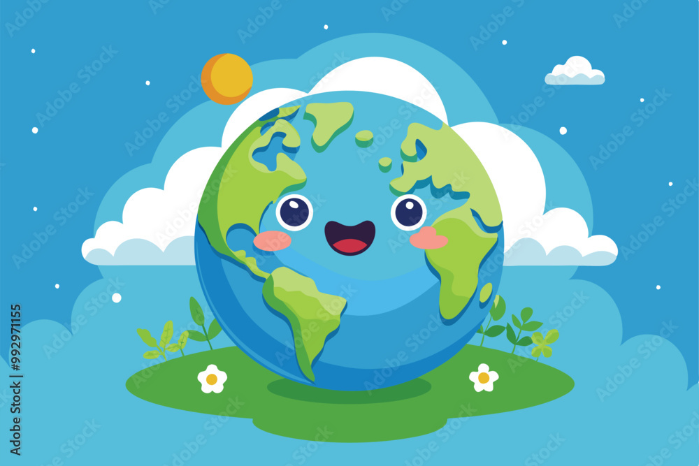 A friendly earth character with a smiling face is surrounded by clouds and plants on a sunny day, Customizable Semi Flat Illustration for a Happy Earth A friendly earth character with a smiling face is surrounded by clouds and plants on a sunny day, Customizable Semi Flat Illustration for a Happy Earth