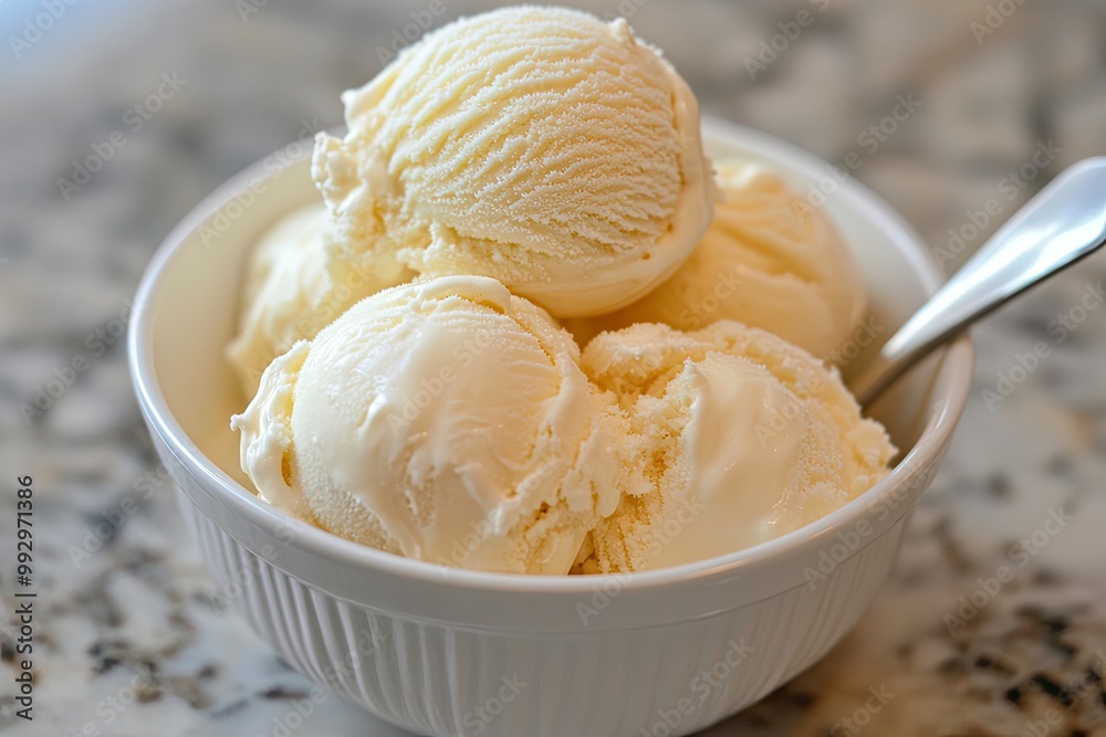 A bowl of vanilla ice cream. Perfect for illustrating the concept of dessert or a sweet treat.
