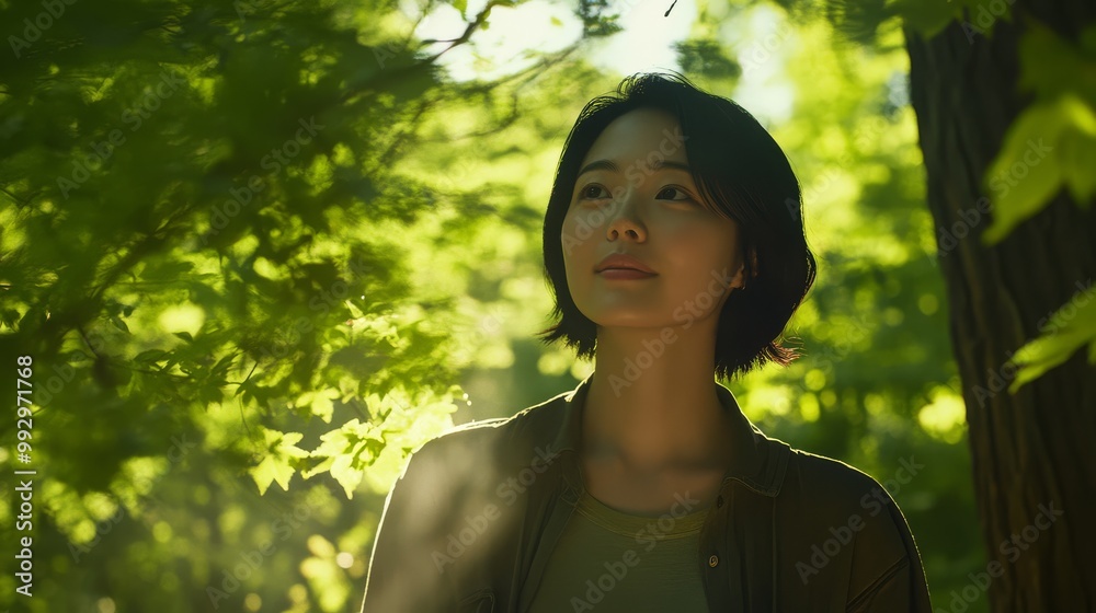 Woman in serene forest setting, basking in gentle sunlight, surrounded by lush greenery and tranquility. Woman in serene forest setting, basking in gentle sunlight, surrounded by lush greenery and tranquility.