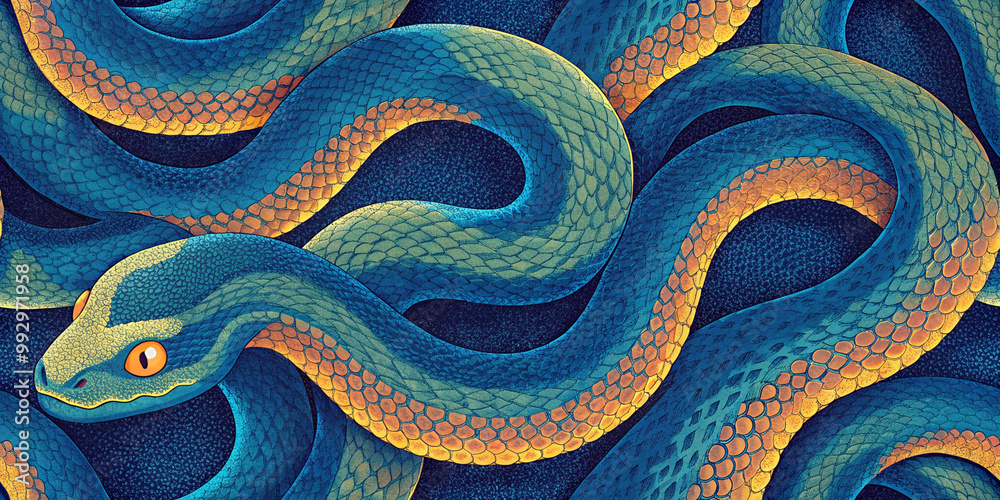 Fototapeta premium An artistic seamless pattern showcasing elegantly coiled snakes surrounded by leafy greens, creating a captivating and bold design.