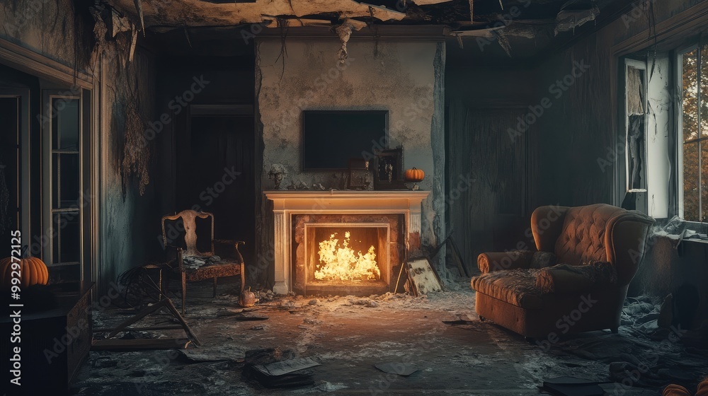 Broken living room with a glowing fireplace, subtle Halloween decorations, and cracks in the ceiling. The firelight serves as the focal point. No people. Broken living room with a glowing fireplace, subtle Halloween decorations, and cracks in the ceiling. The firelight serves as the focal point. No people.