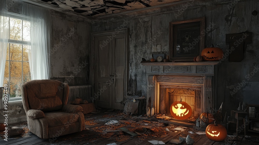 Broken living room with a glowing fireplace, subtle Halloween decorations, and cracks in the ceiling. The firelight serves as the focal point. No people. Broken living room with a glowing fireplace, subtle Halloween decorations, and cracks in the ceiling. The firelight serves as the focal point. No people.
